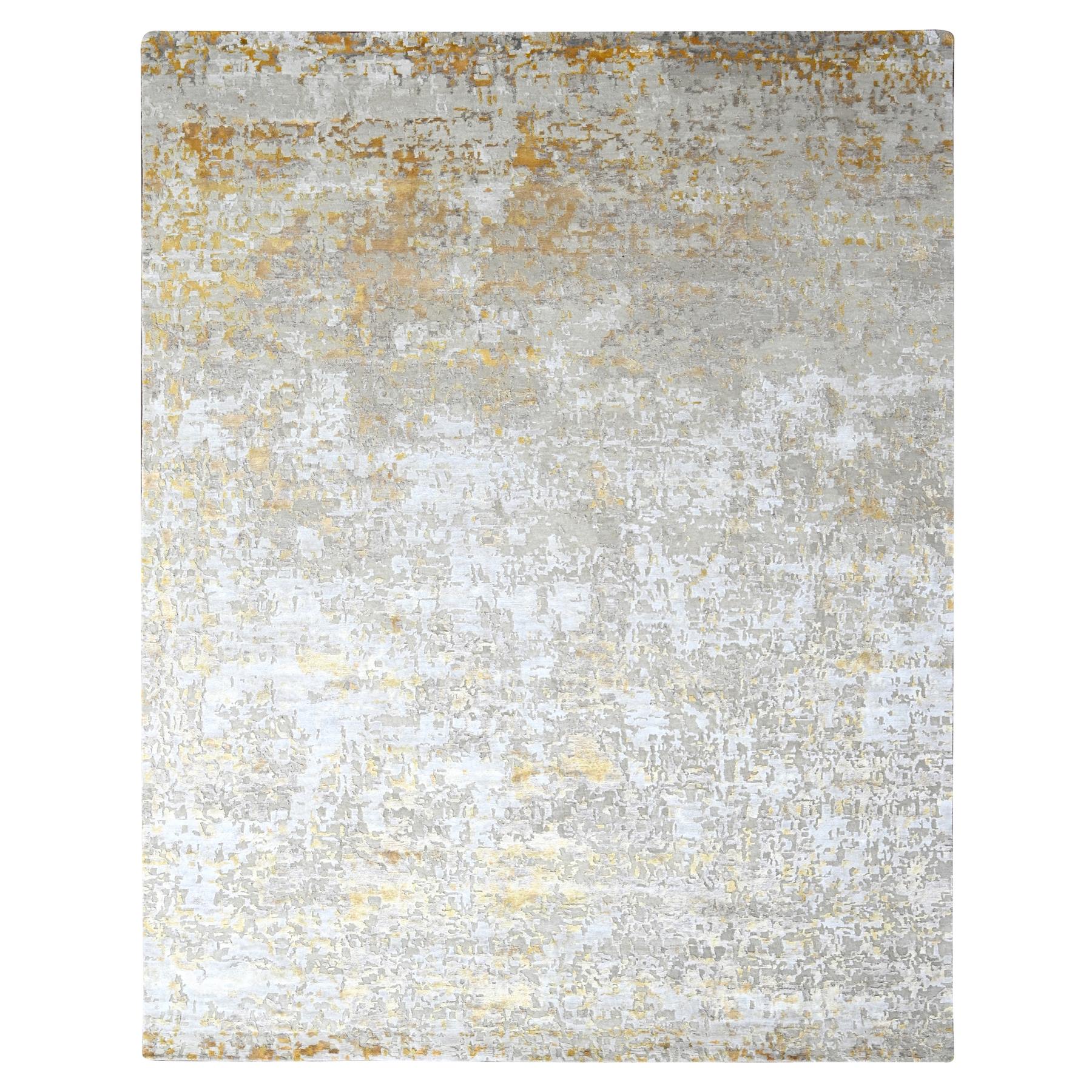 Beige with Gold, Abstract Design, Wool and Silk, Hi-Low Pile, Densely Woven, Hand Knotted, Oriental Rug